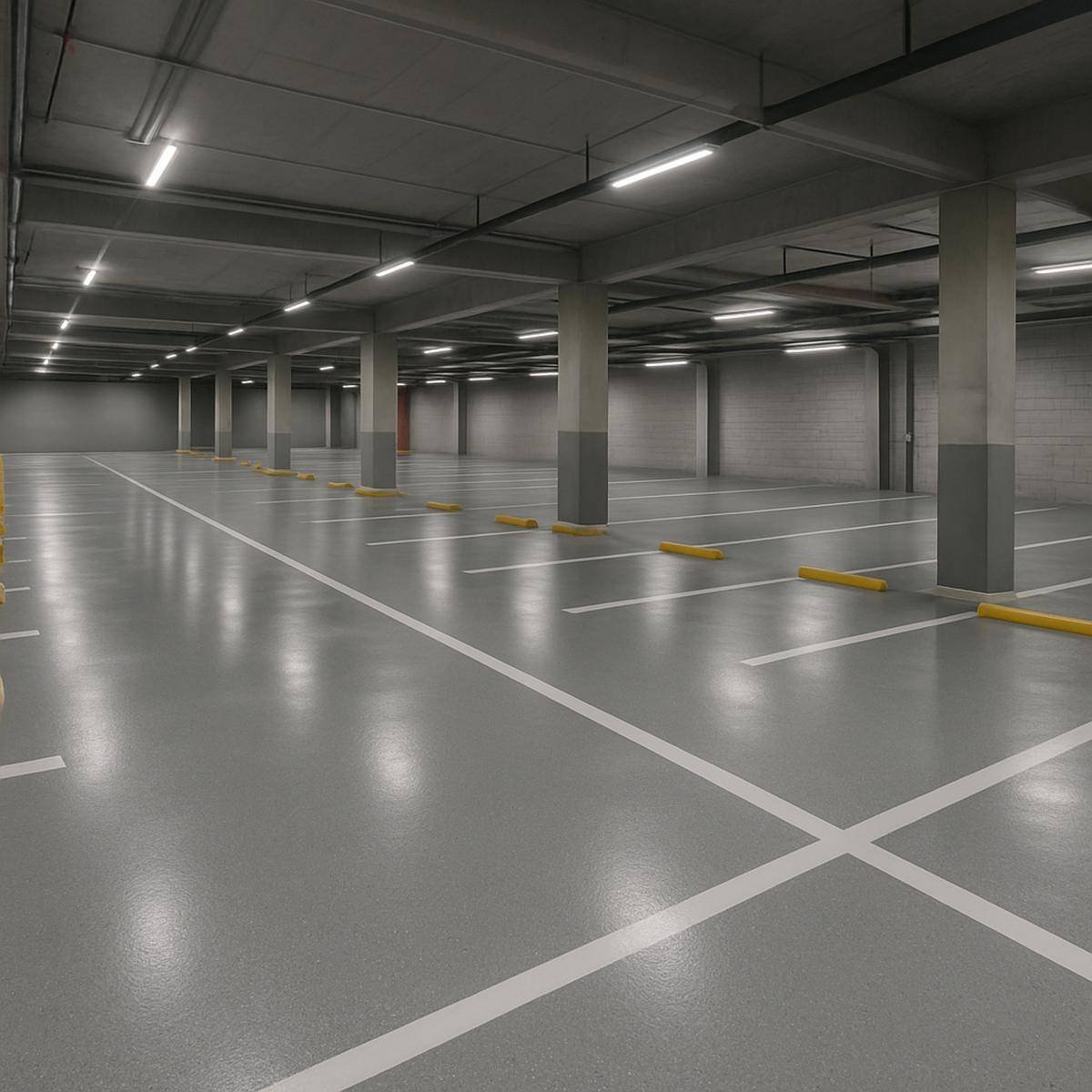 Melbourne carpark with epoxy flooring — heavy-duty, chemical-resistant, and line-marking friendly surface.